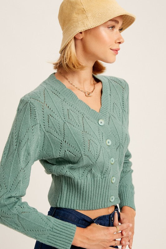 V-neck Scallop Edge Button Down Ctop Knit Cardigan