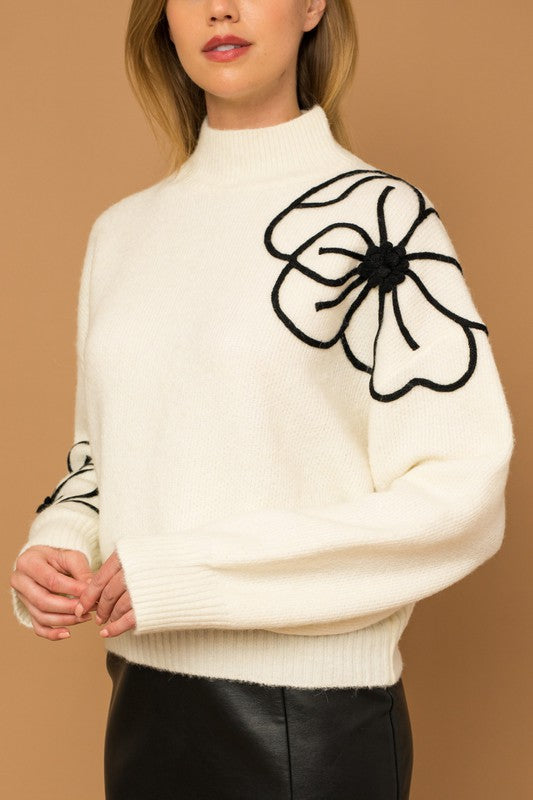 Flower Embroidery Mock Neck Sweater