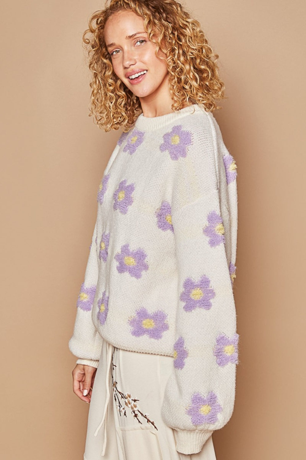 POL Daisy Pattern Drop Shoulder Sweater