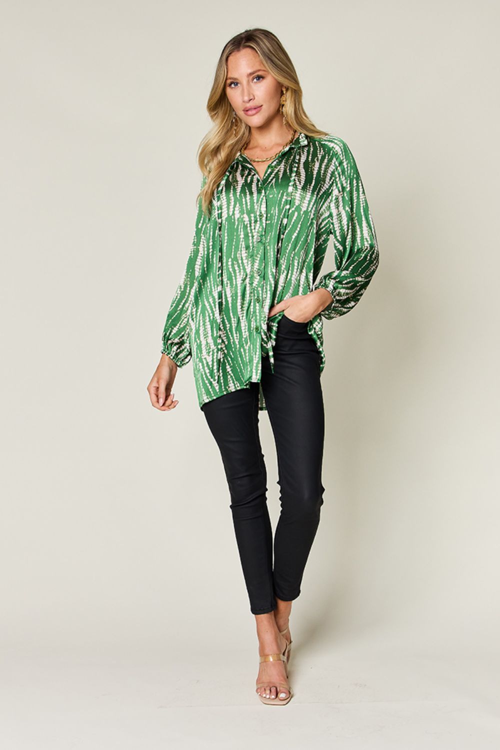 Double Take Full Size Printed Button Up Long Sleeve Shirt