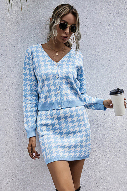 Houndstooth Button Front Sweater and Skirt Set