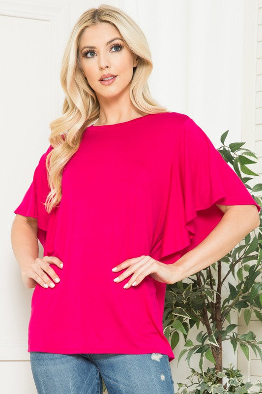 Solid Short Butterfly Sleeve Round Neck Top
