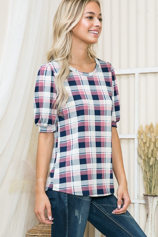 Plaid Puff Sleeve Jersey Top