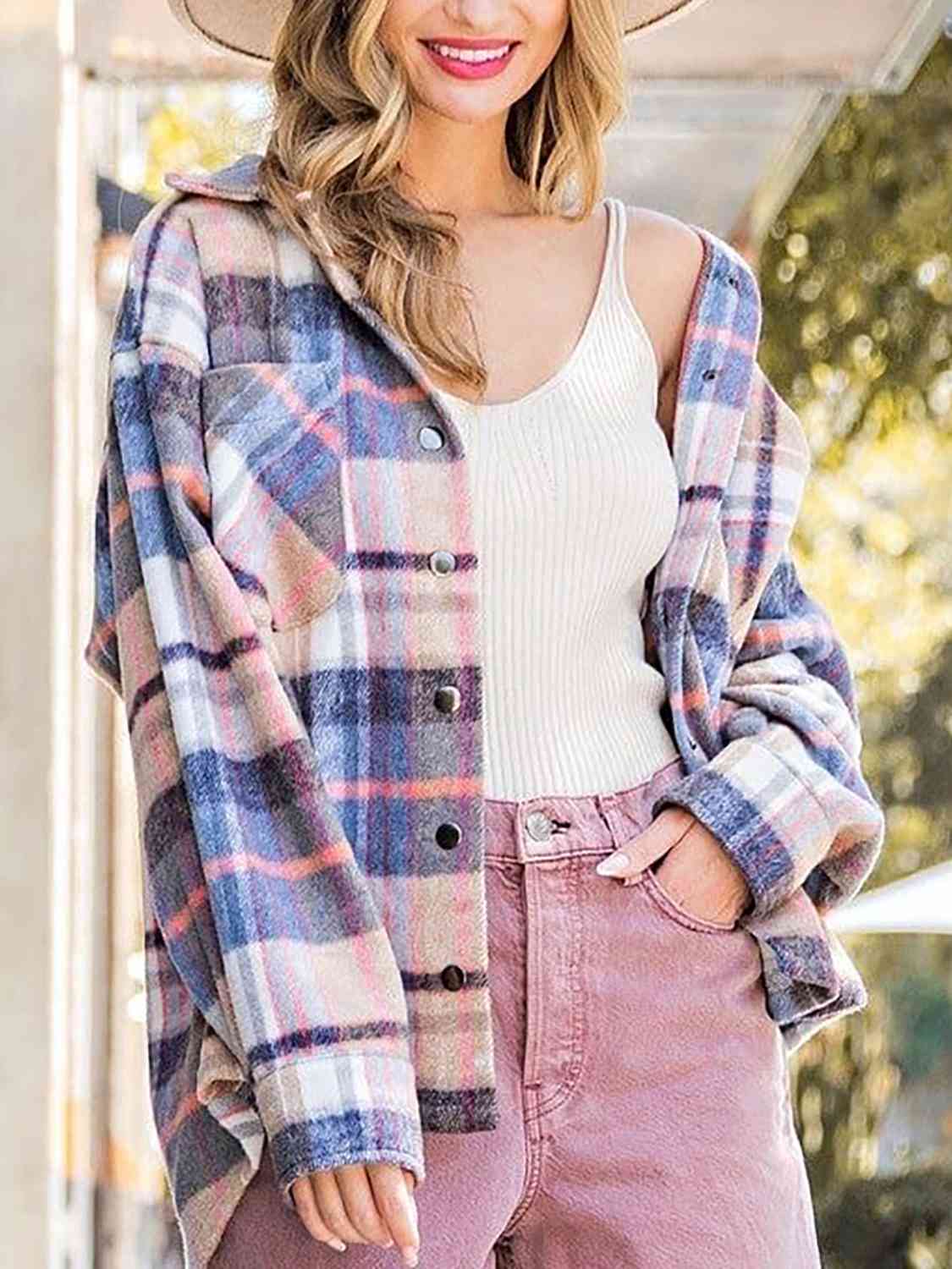 Snap Up Plaid Collared Neck Jacket with Pocket