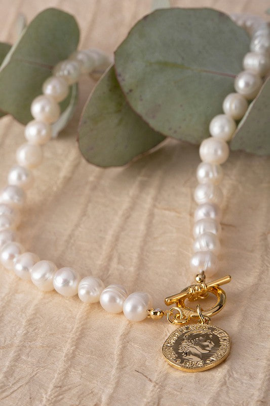 Natural pearl with coin pendant necklace
