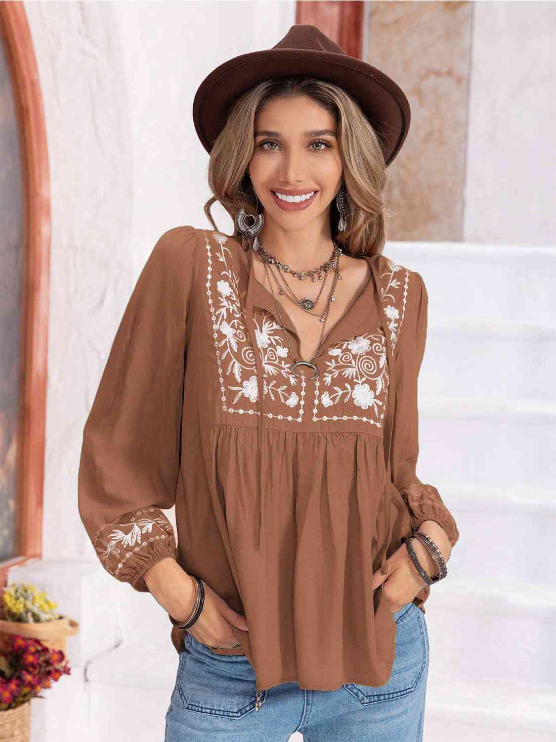 Floral Tie Neck Balloon Sleeve Blouse – Heavenly Square